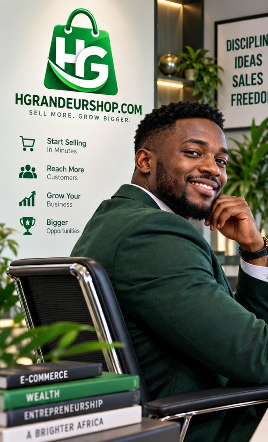 Un commerçant devant le logo HGRANDEURSHOP et les promesses de la plateforme : vendre en quelques minutes, toucher plus de clients, faire grandir son activité.